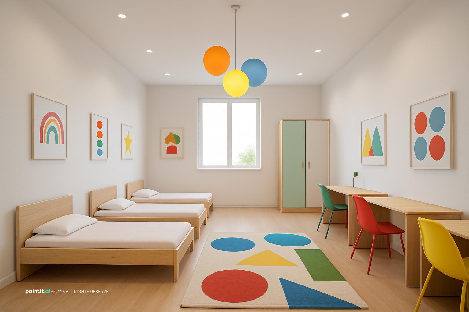 Calm preschool room with small beds for nap time and a colorful rug