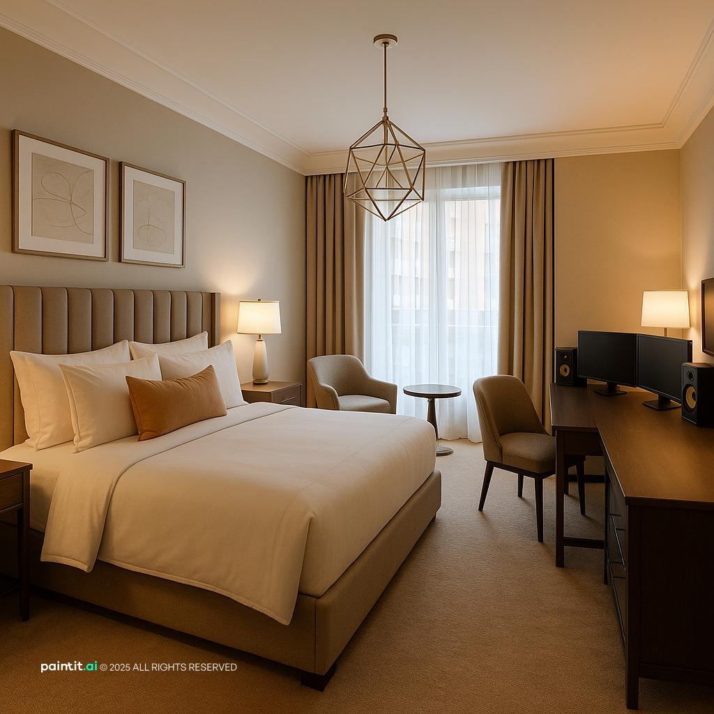 Hotel room with a king bed, a geometric pendant, a large desk with a chair and neutral beige walls