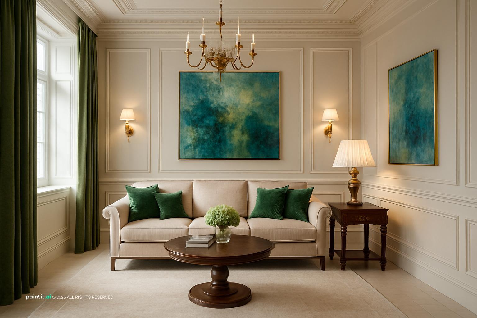 Blue And Green Living Room Design with daylight and beige and a calm living room atmosphere.