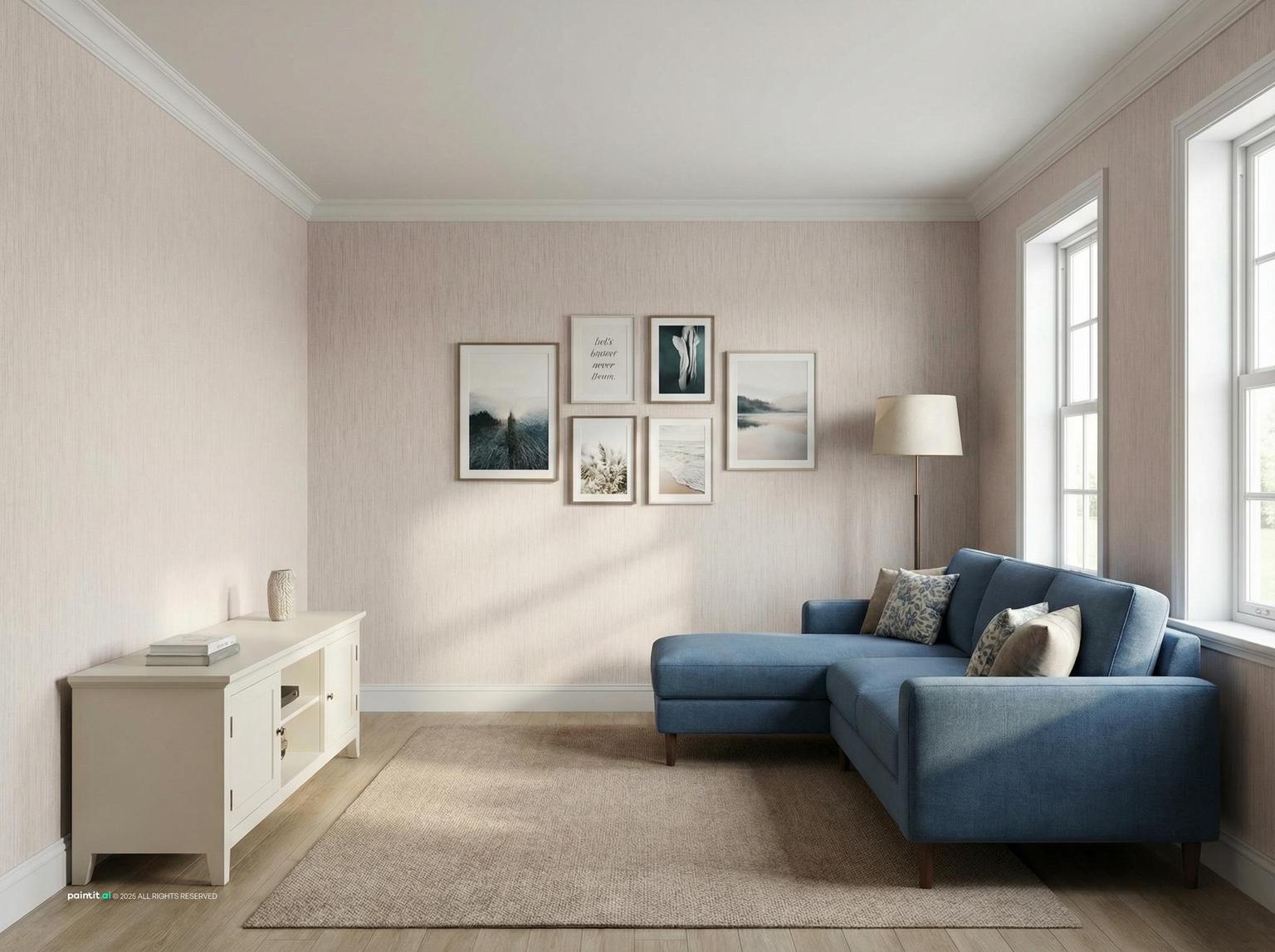 Living room with a blue sectional, framed prints and a white TV unit