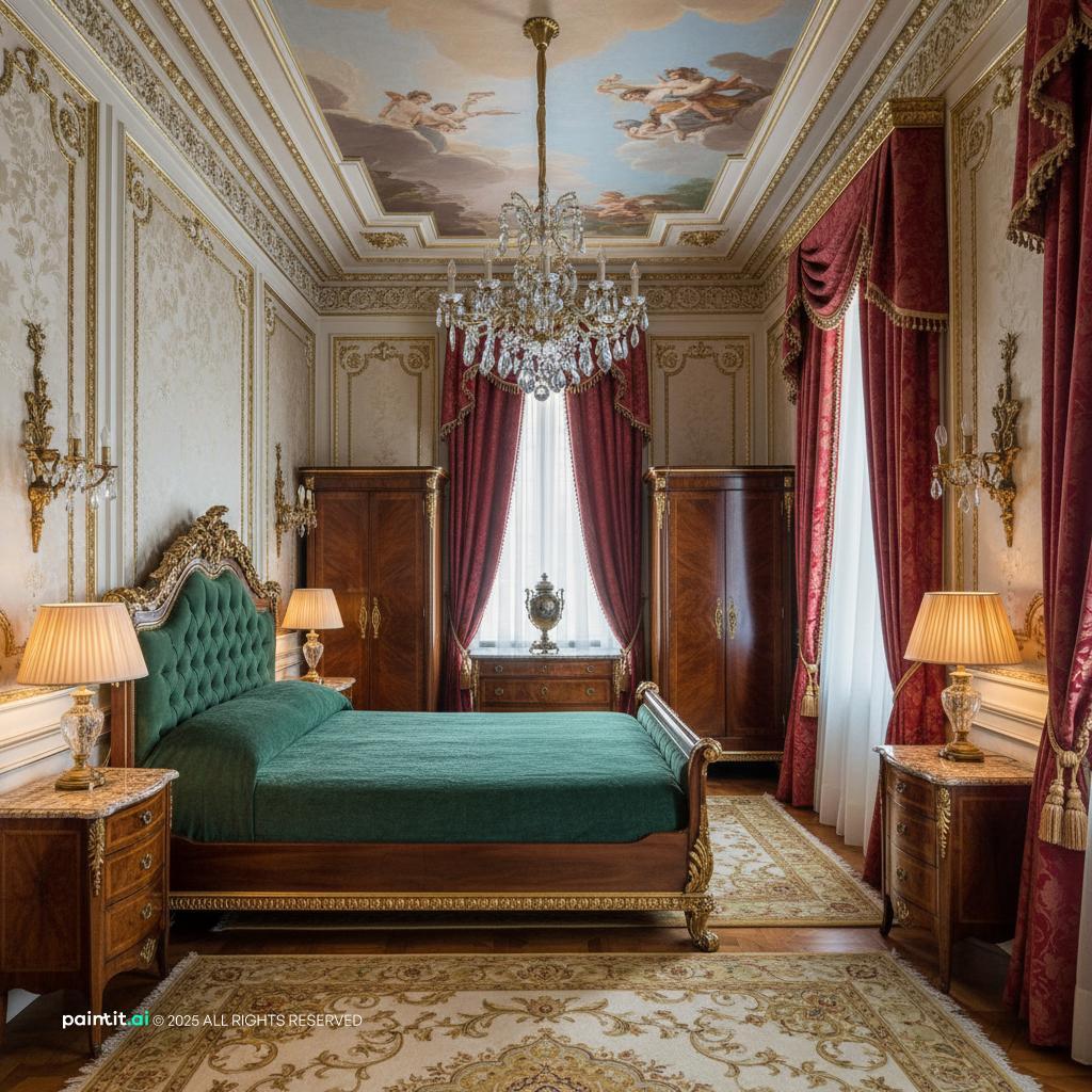 Classical bedroom with a painted ceiling, gilded details, a green velvet headboard and heavy curtains