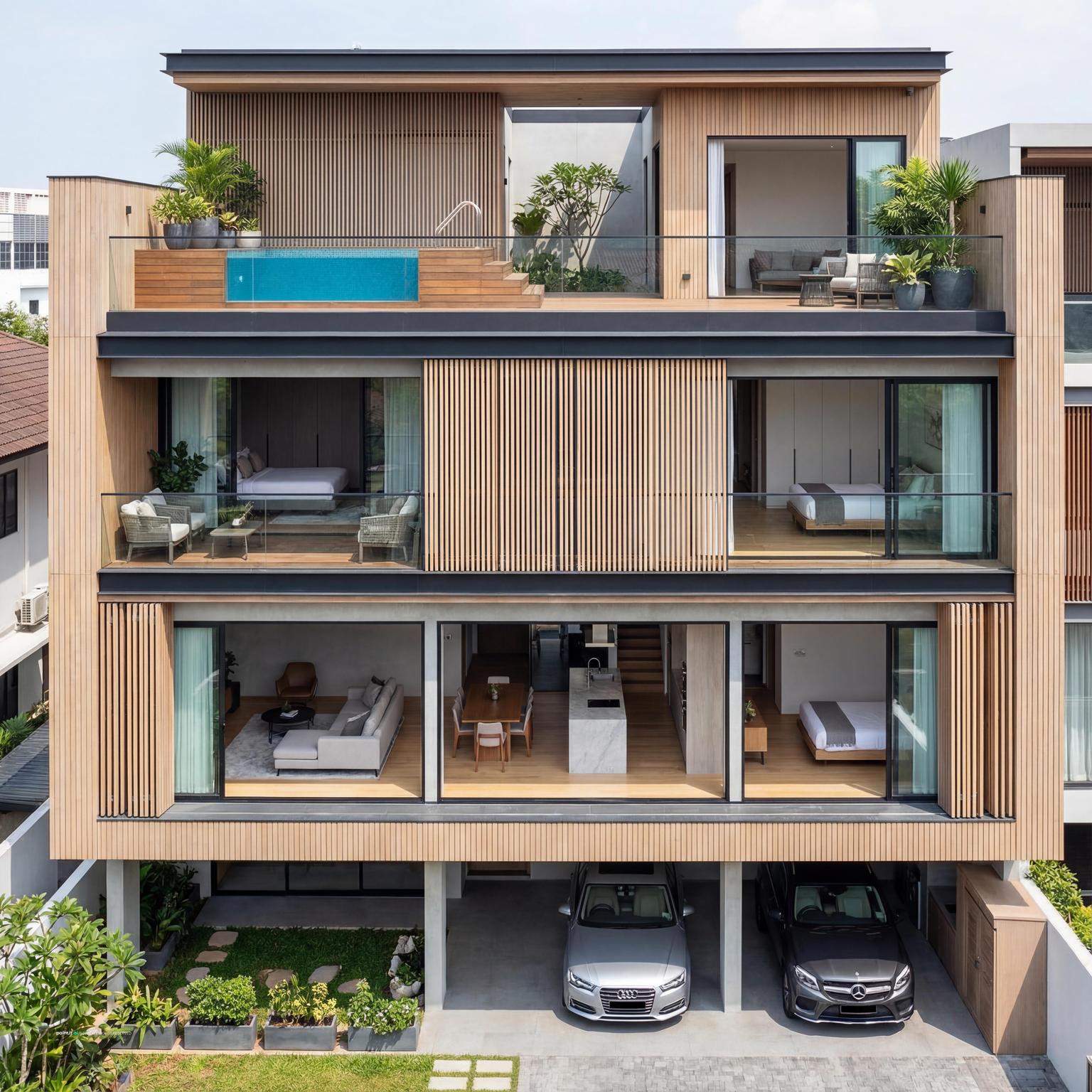 Modern Multi-Floor House Design with a light, airy zen garden living room atmosphere.