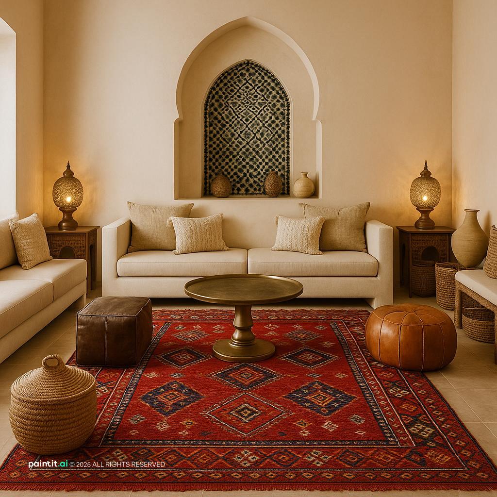 Elegant Moroccan Living Room Design with beige and wood and a calm living room atmosphere.