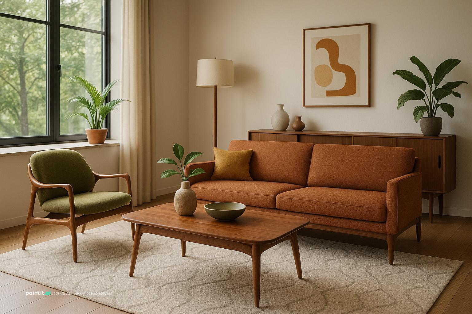 Mid-Century Modern Living Room Design with Olive Green Tones showing green accents, olive green tones, warm wood for Olive Green Living Room Ideas.