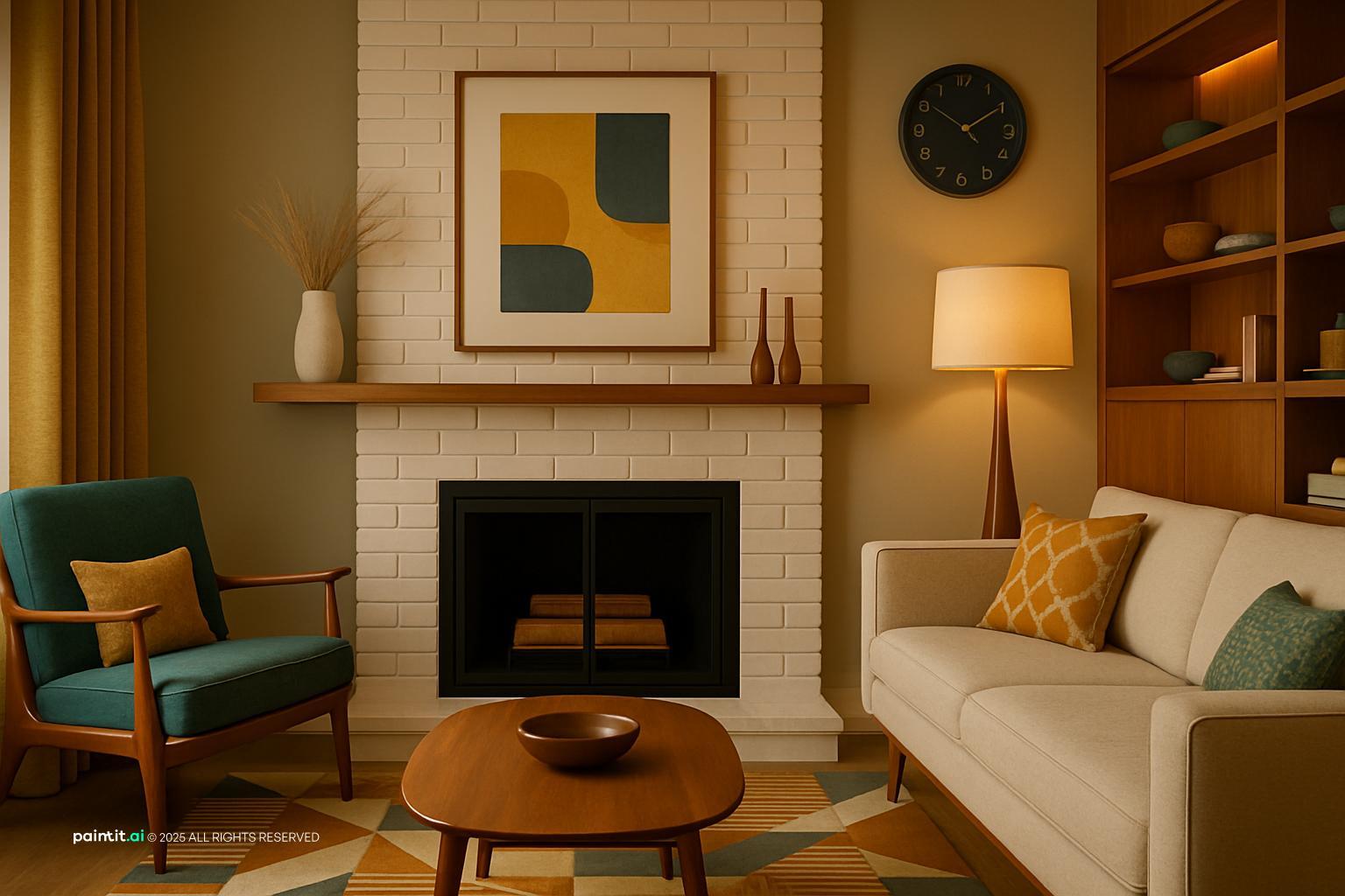 Mid-century living room with a teal armchair, mustard cushions, a brick fireplace and a round wooden table