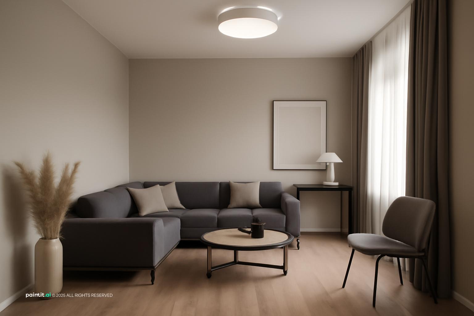 Minimal living room with greige walls, a dark gray sofa, a round coffee table and dried pampas grass