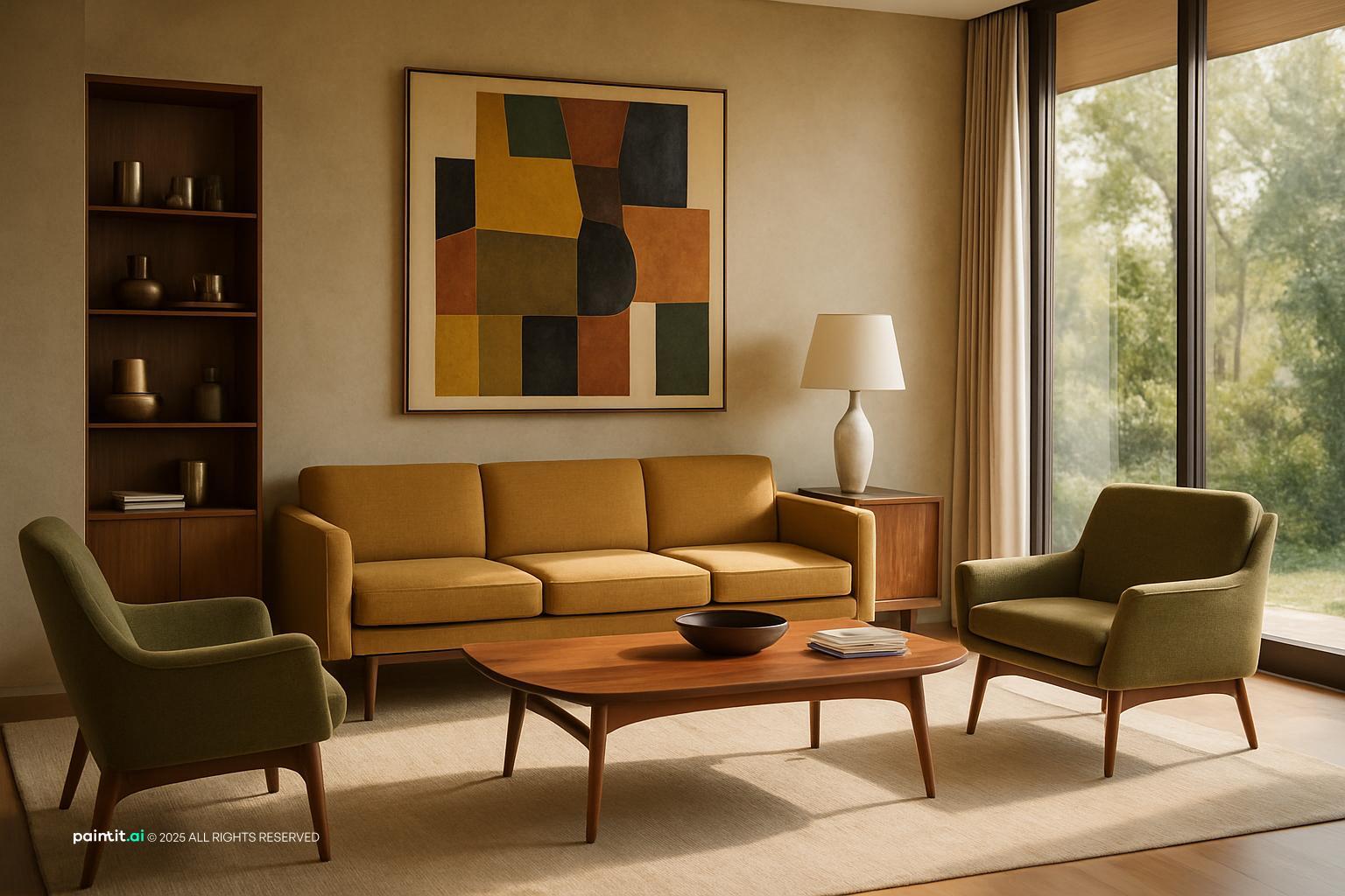Earthy living room with a mustard sofa, olive armchairs and a large abstract painting