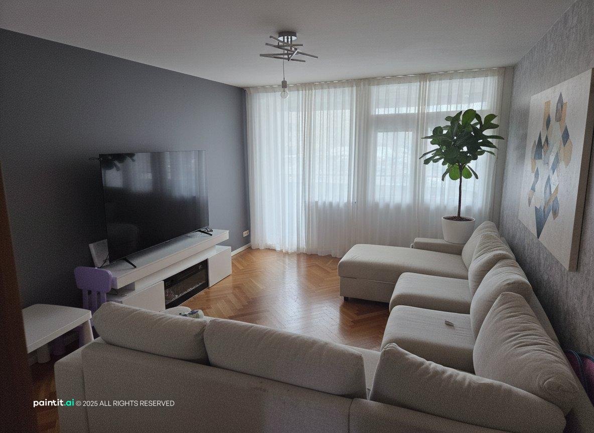 Living room with a deep gray accent wall, a white sectional, a TV and a large potted plant