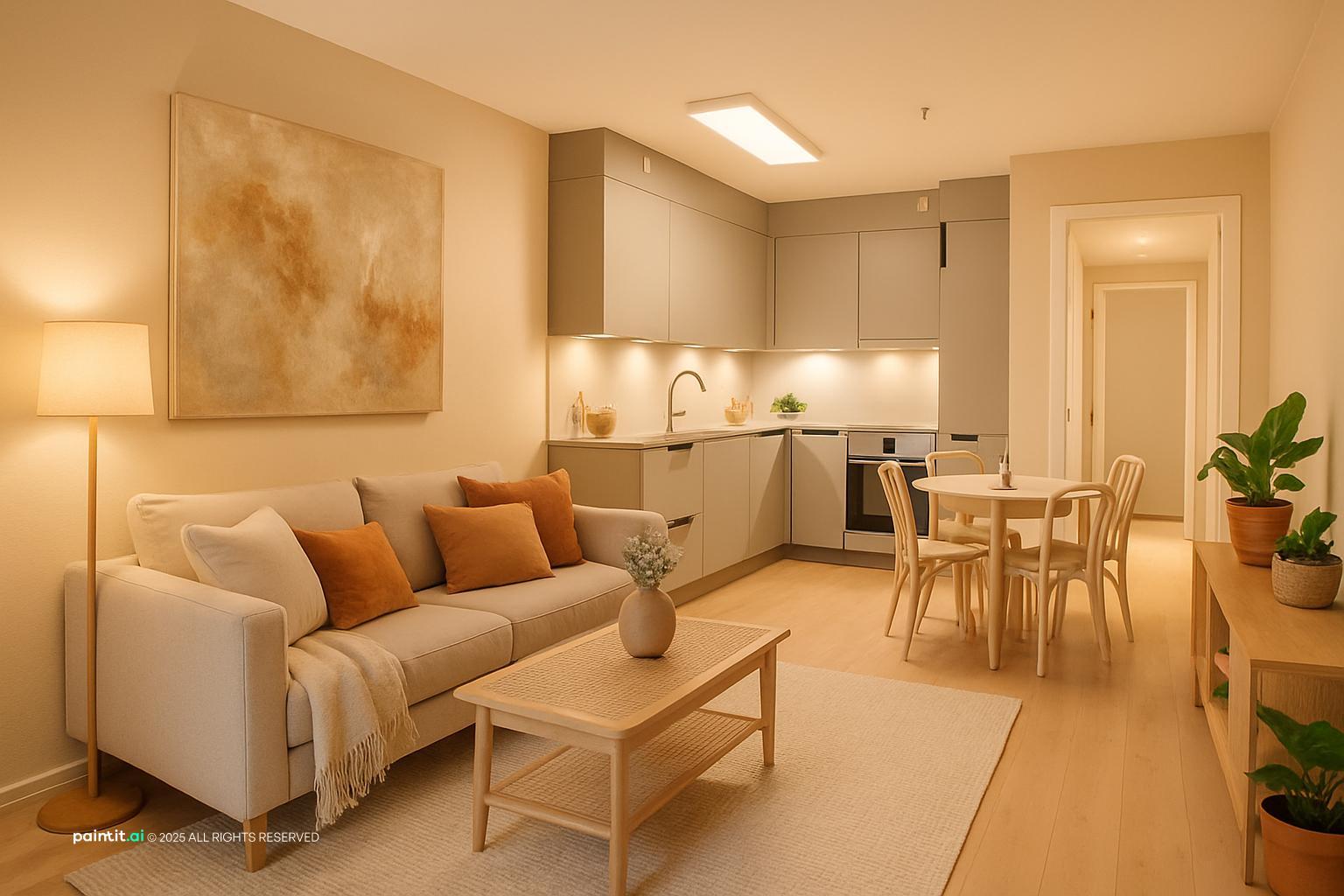 Open-plan living room with gray kitchen cabinets, a cream sofa with rust cushions and a wooden coffee table