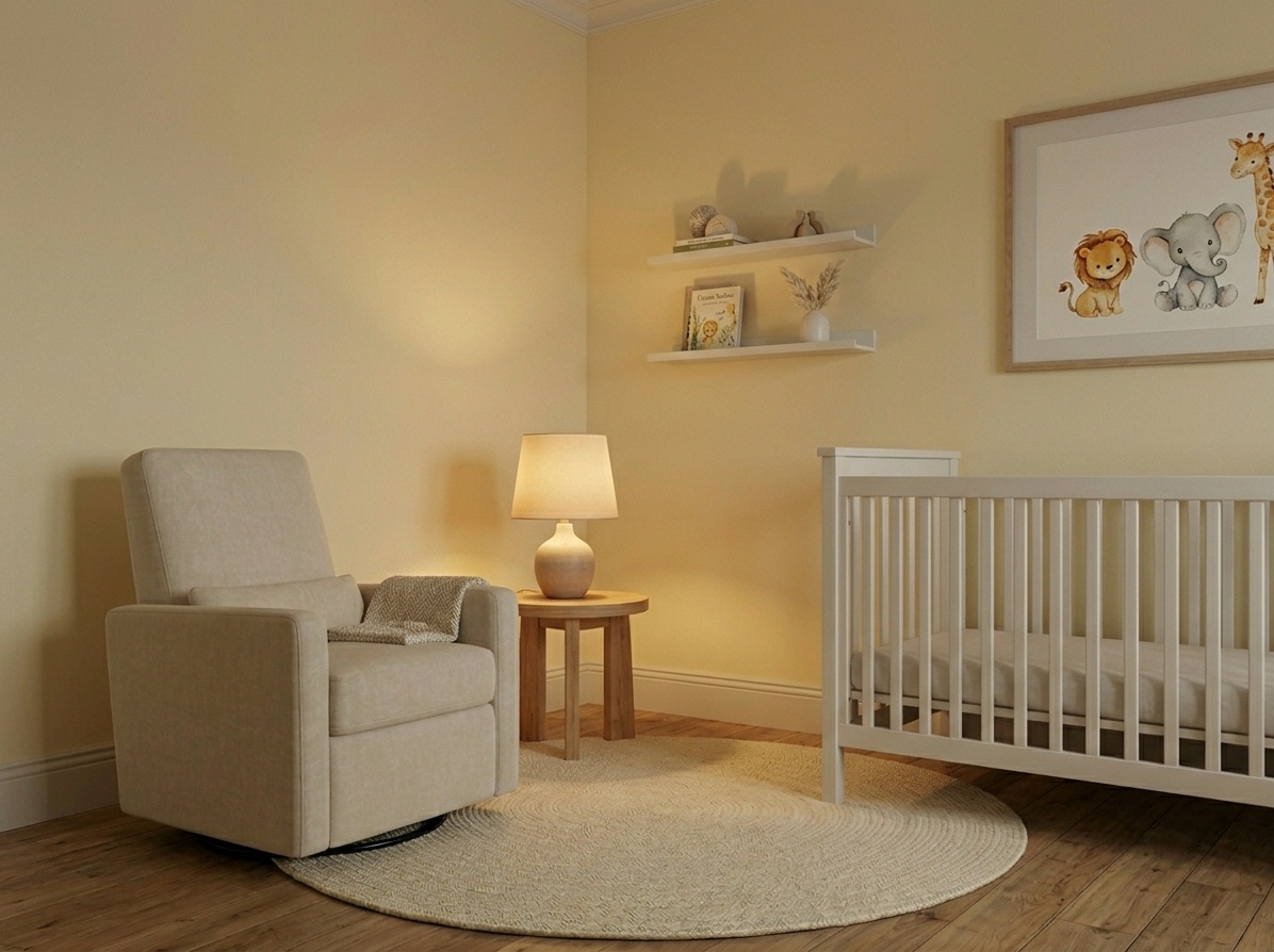 Rocking chair beside the crib creating a cozy soothing nook in the nursery