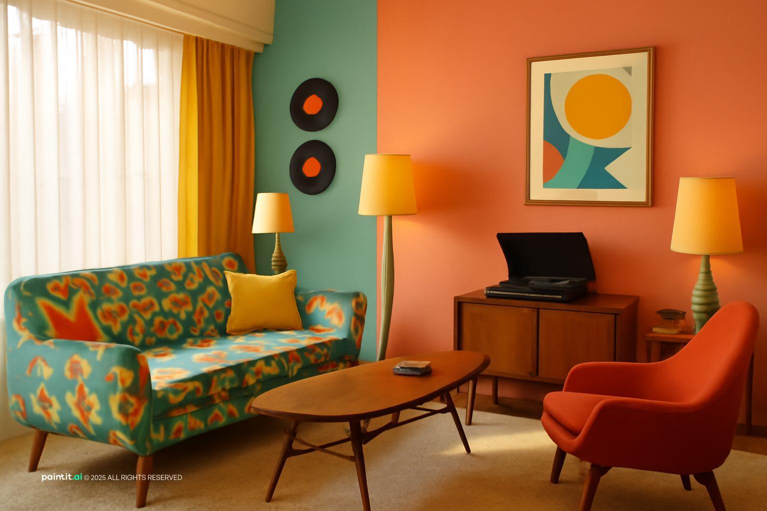 1950s living room with a coral wall, a patterned sofa, a red armchair, a record player and vinyl records on the wall