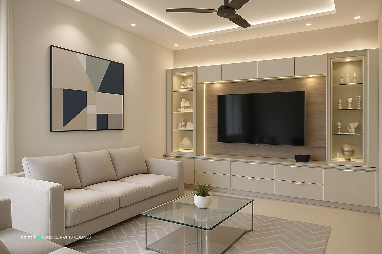 Contemporary living room with warm neutral walls, a white sofa, a TV wall and lit glass display shelves