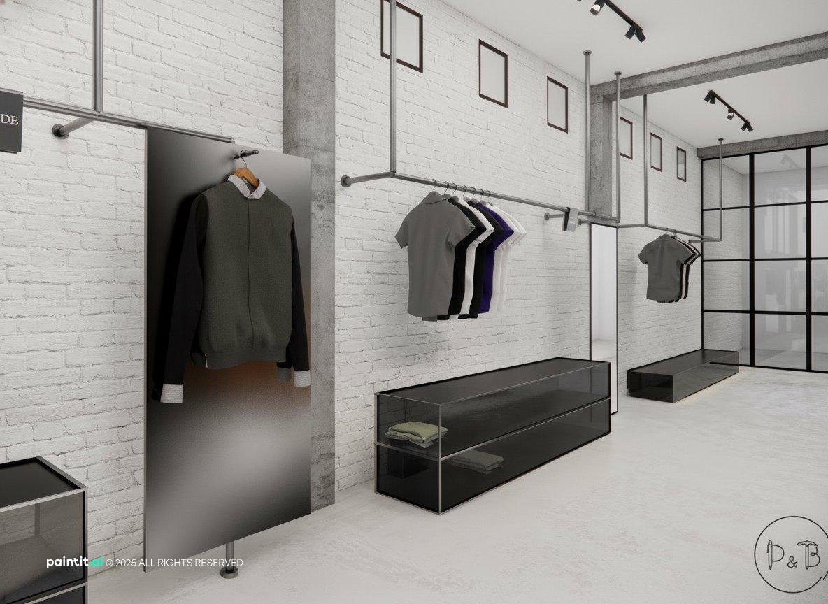 Clothing store with white brick walls, black pipe rails and a black display bench