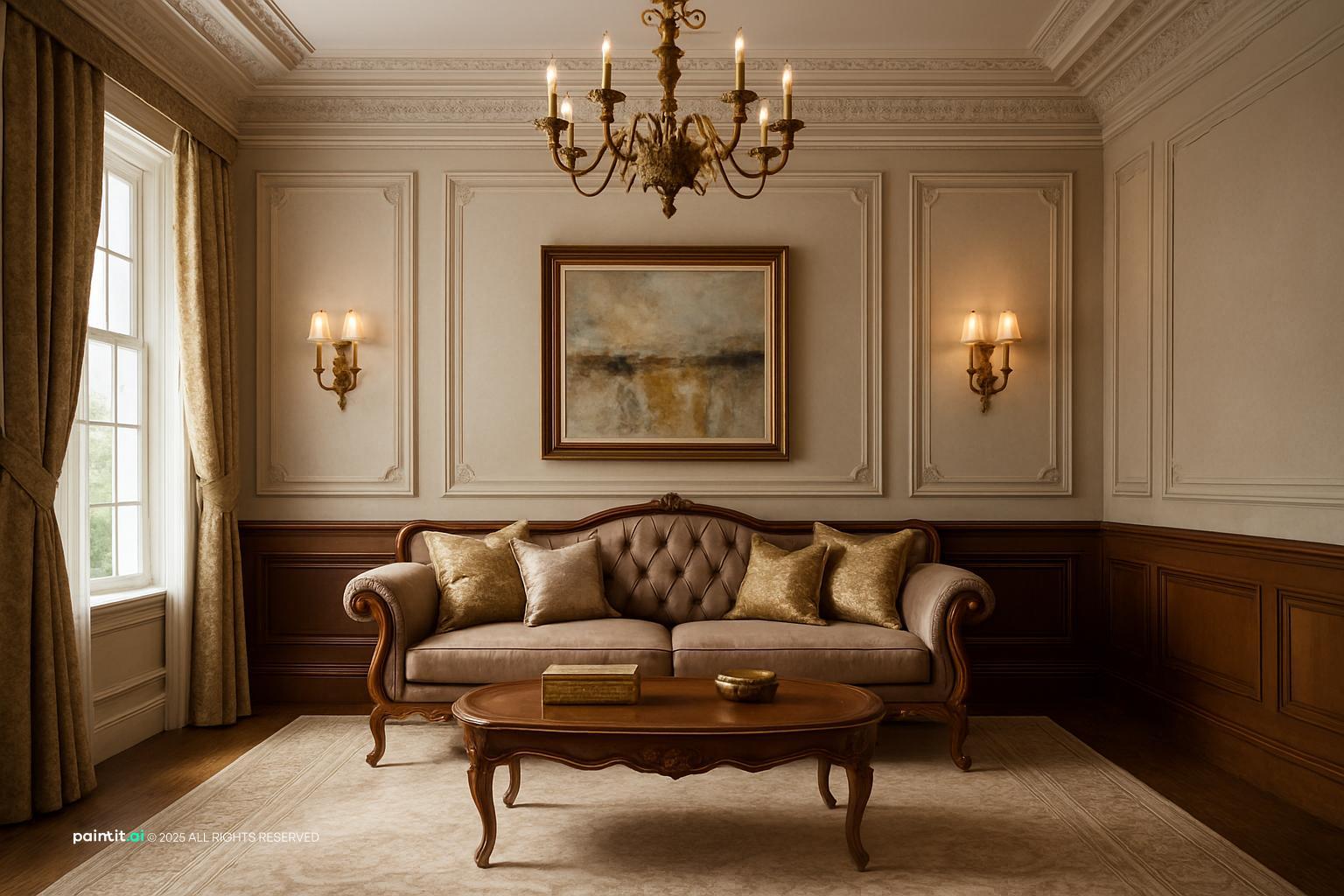 Living room with white walls above dark wood wainscoting, a tufted sofa, a chandelier and a gilt-framed painting