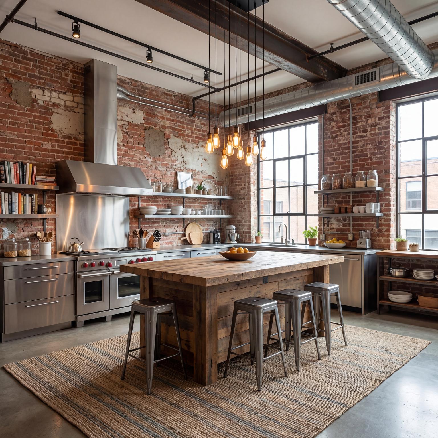 Stunning Industrial Loft Kitchen with Vibrant Color for Loft Style Interior Design