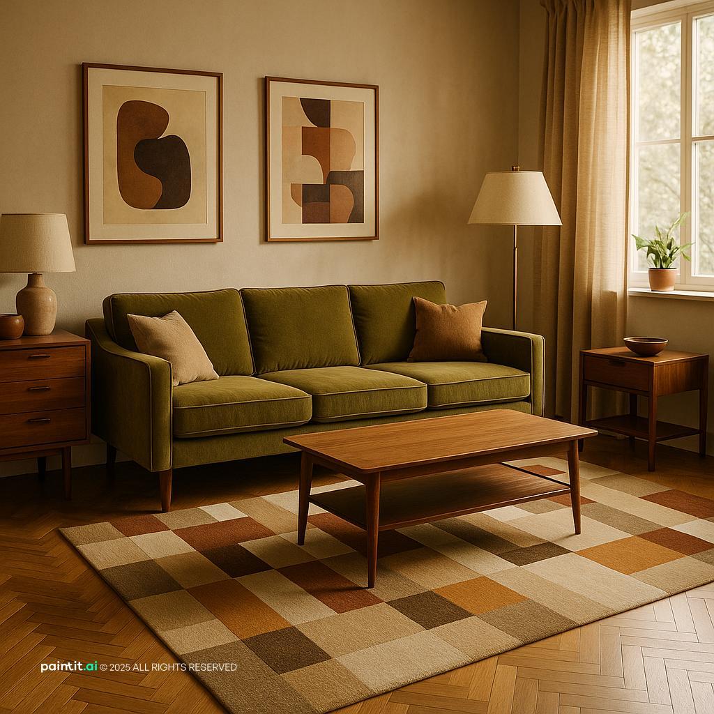Mid-Century Modern Living Room Design with a warm 70s inspired vibe.