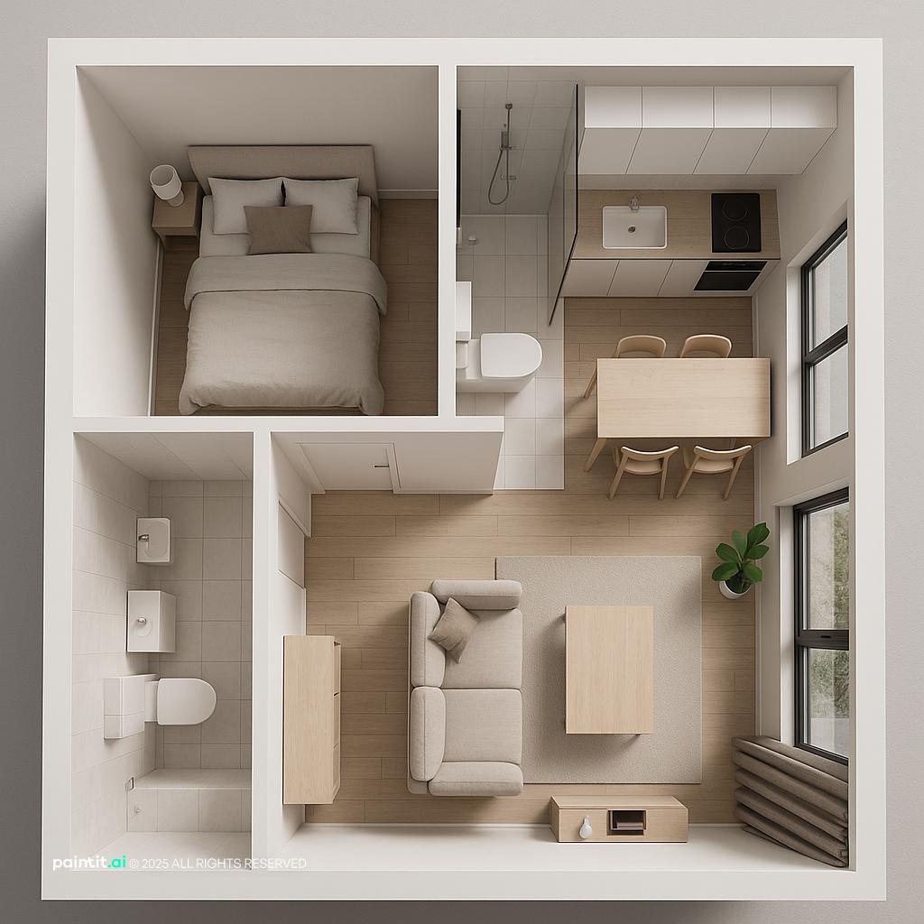 Stylish Compact Apartment Interior Design with wood and windows and a calm living room atmosphere.