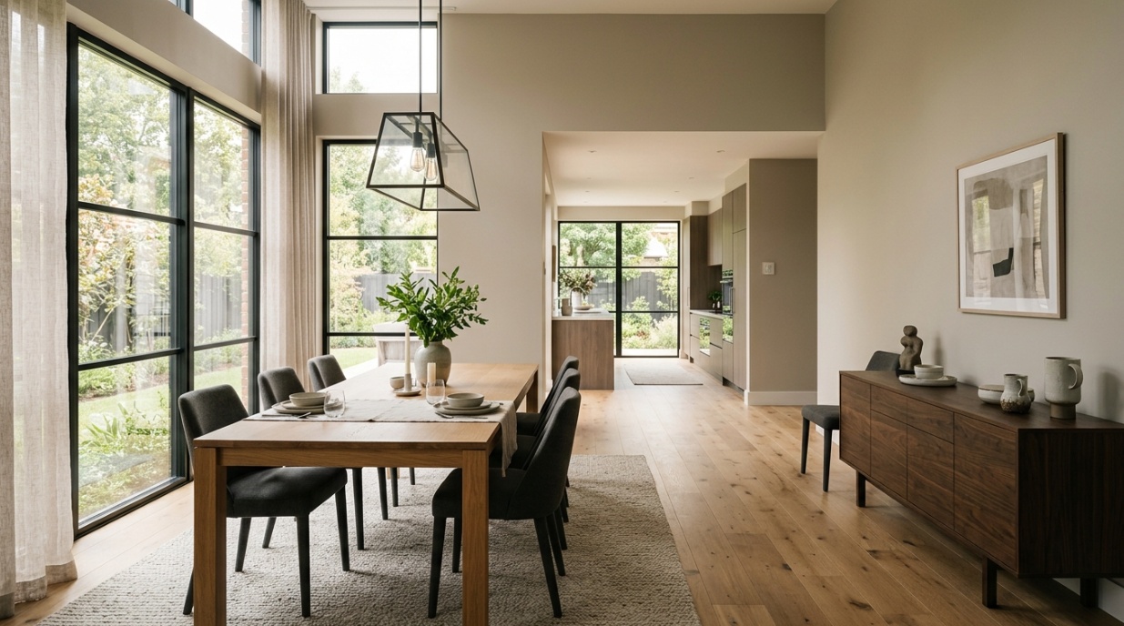 Dining table shifted into the usable area of an irregular room