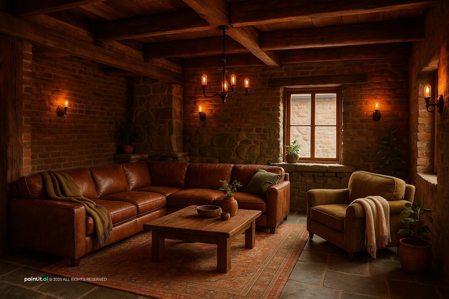 Rustic living room with a brown leather sectional, exposed brick, wooden beams and a patterned rug