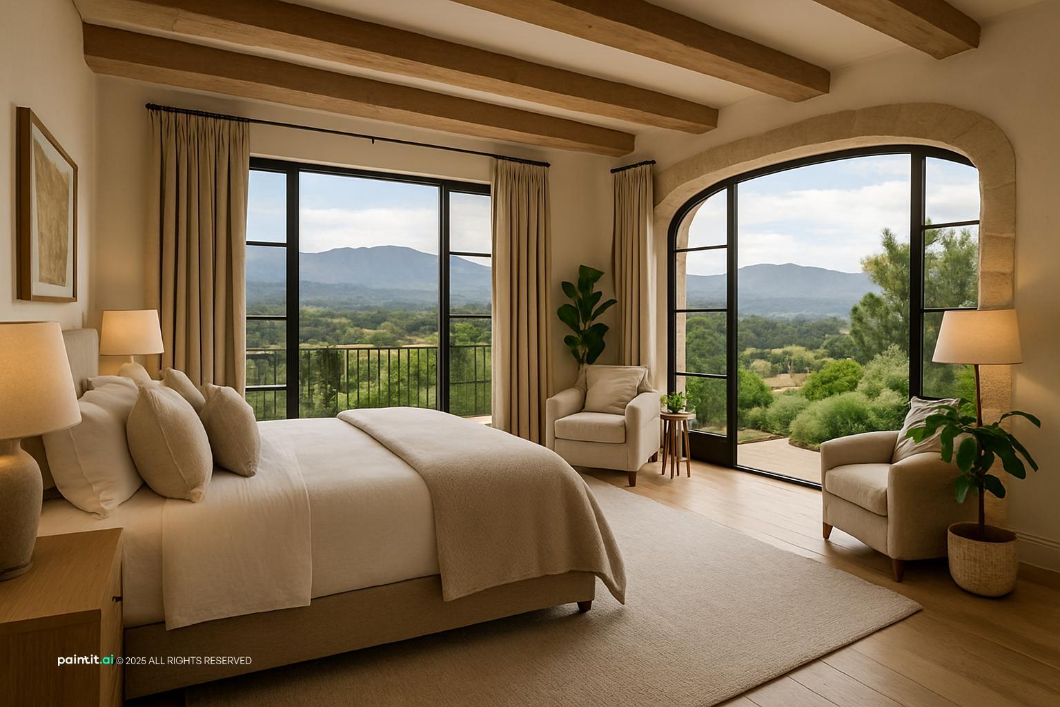 Bedroom with dark wood beams, tall arched windows and a view of green hills
