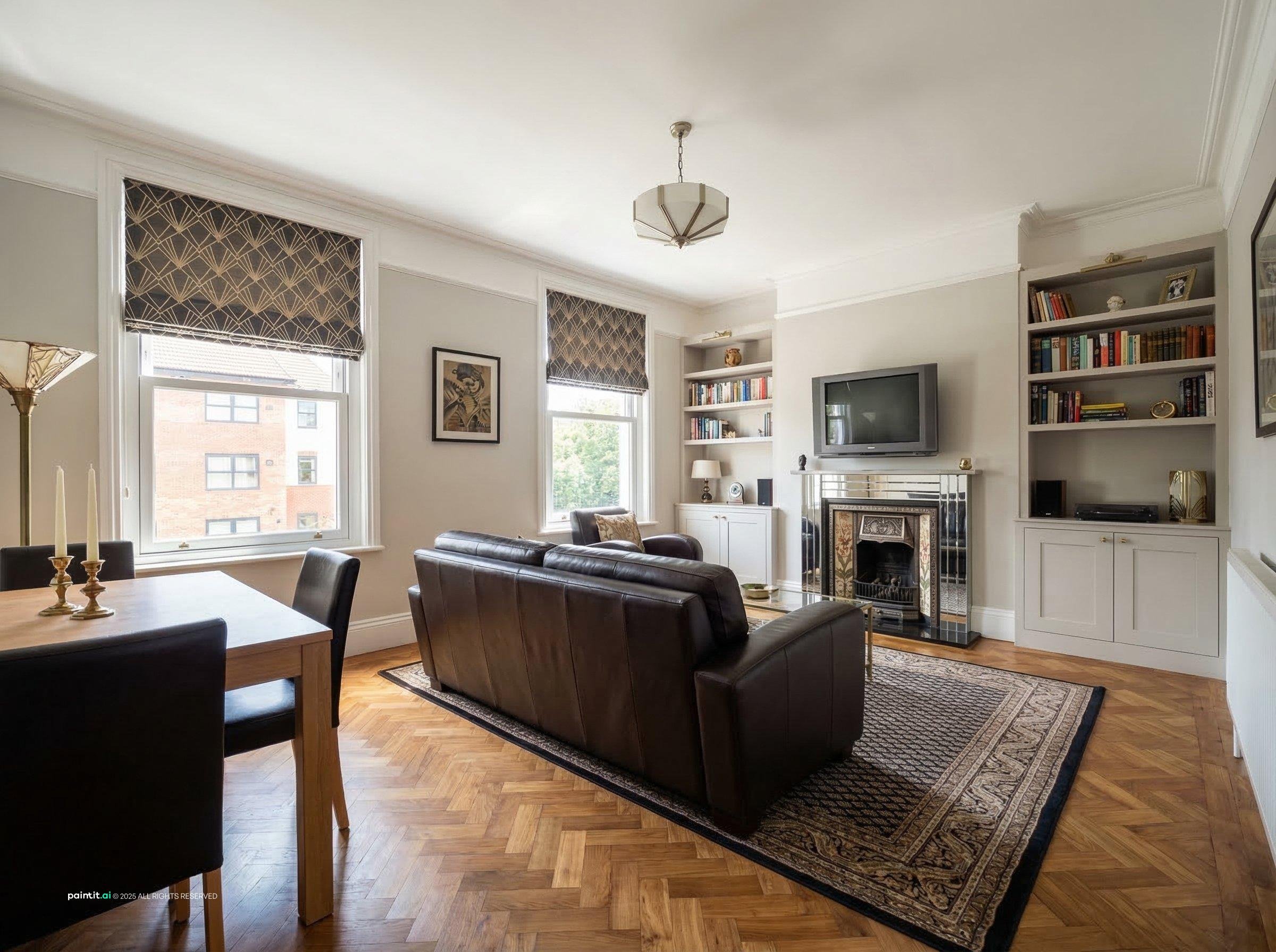 Living room with a brown leather sofa on herringbone floors, built-ins and a patterned rug