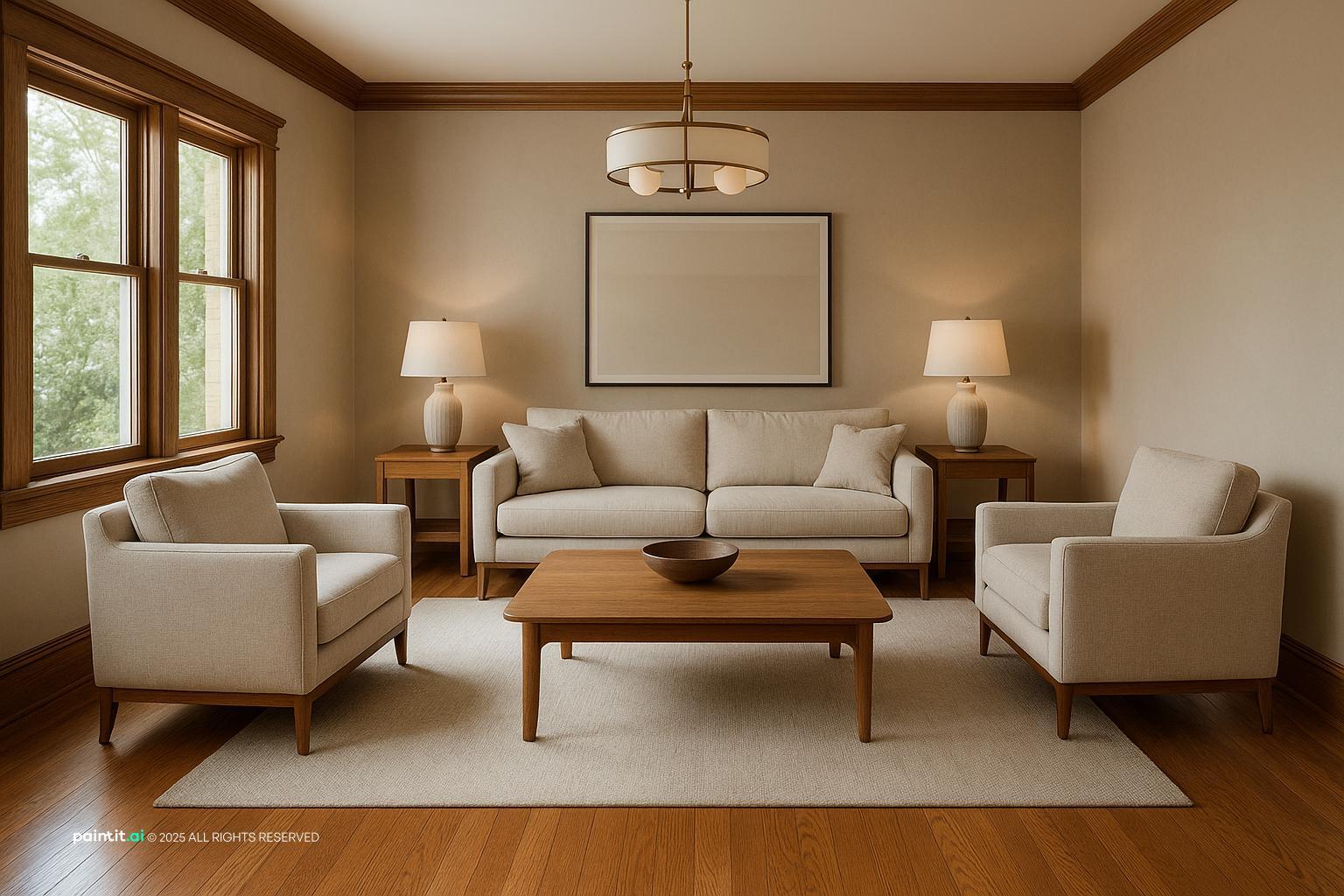 Wood Trim Living Room Design with natural wood and a calm living room atmosphere with wood trim restraint.
