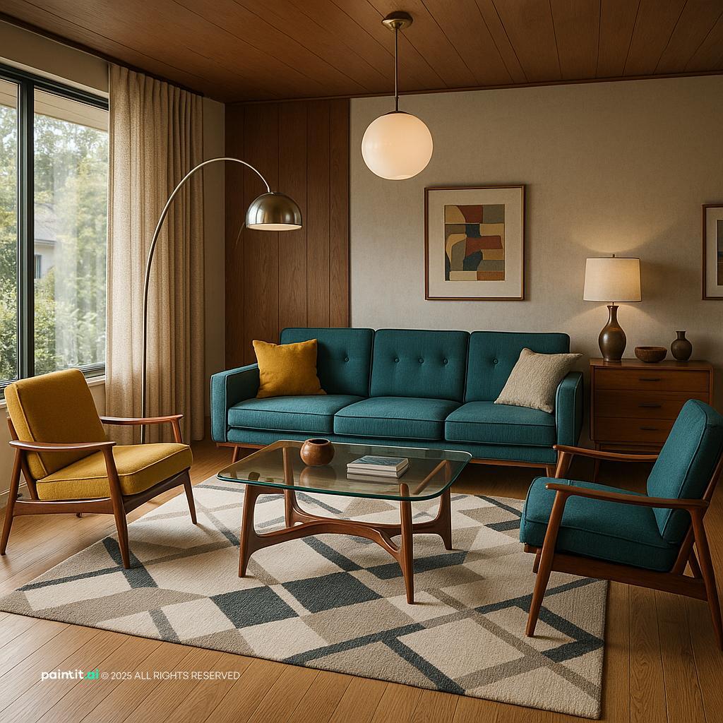 Stunning Mid-Century Modern Living Room Design with floor to ceiling windows and a calm living room atmosphere.