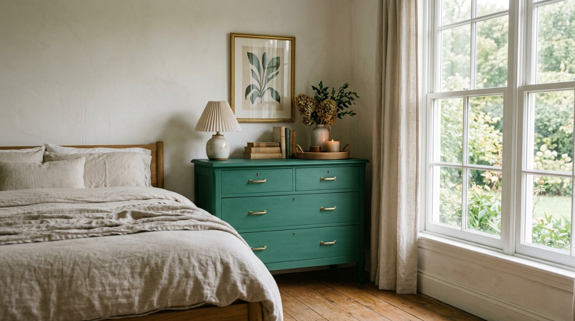 cozy bedroom corner with a chalk-painted emerald green dresser against a neutral wall