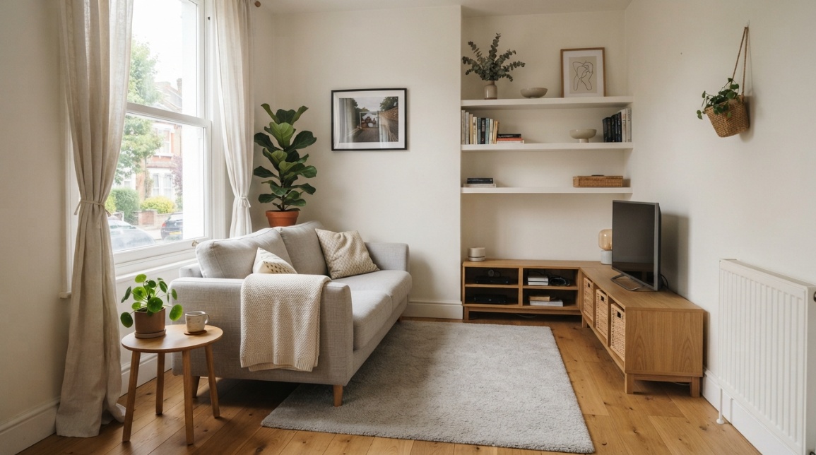 photorealistic narrow living room, Scandinavian style, two-seat sofa, floating shelves, oak floor, linen curtains, natural light from one side, practical storage, realistic small-space proportions