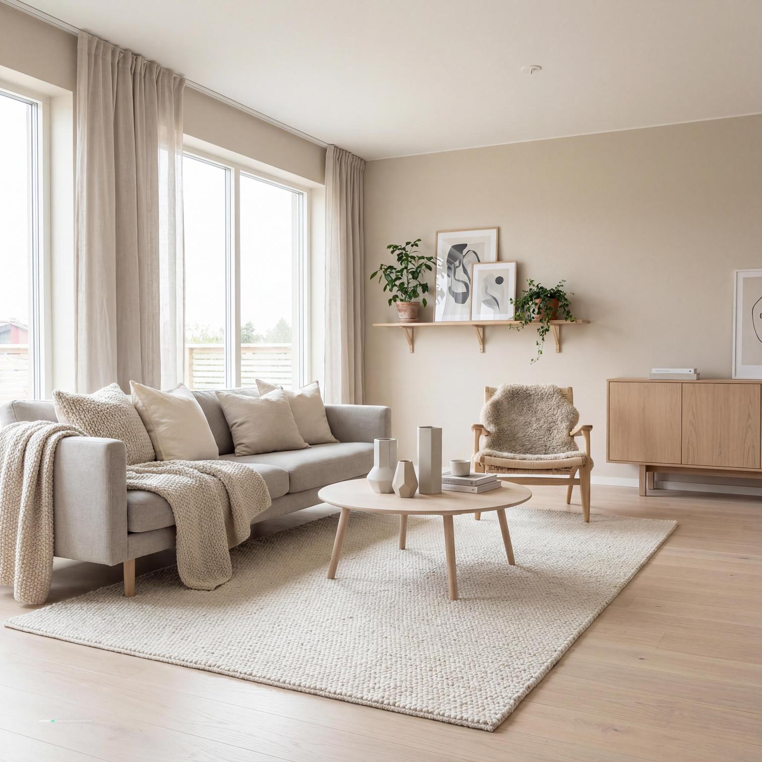 Scandinavian-style 1940s living room emphasizing simplicity, natural materials, and functional furniture for a welcoming atmosphere.