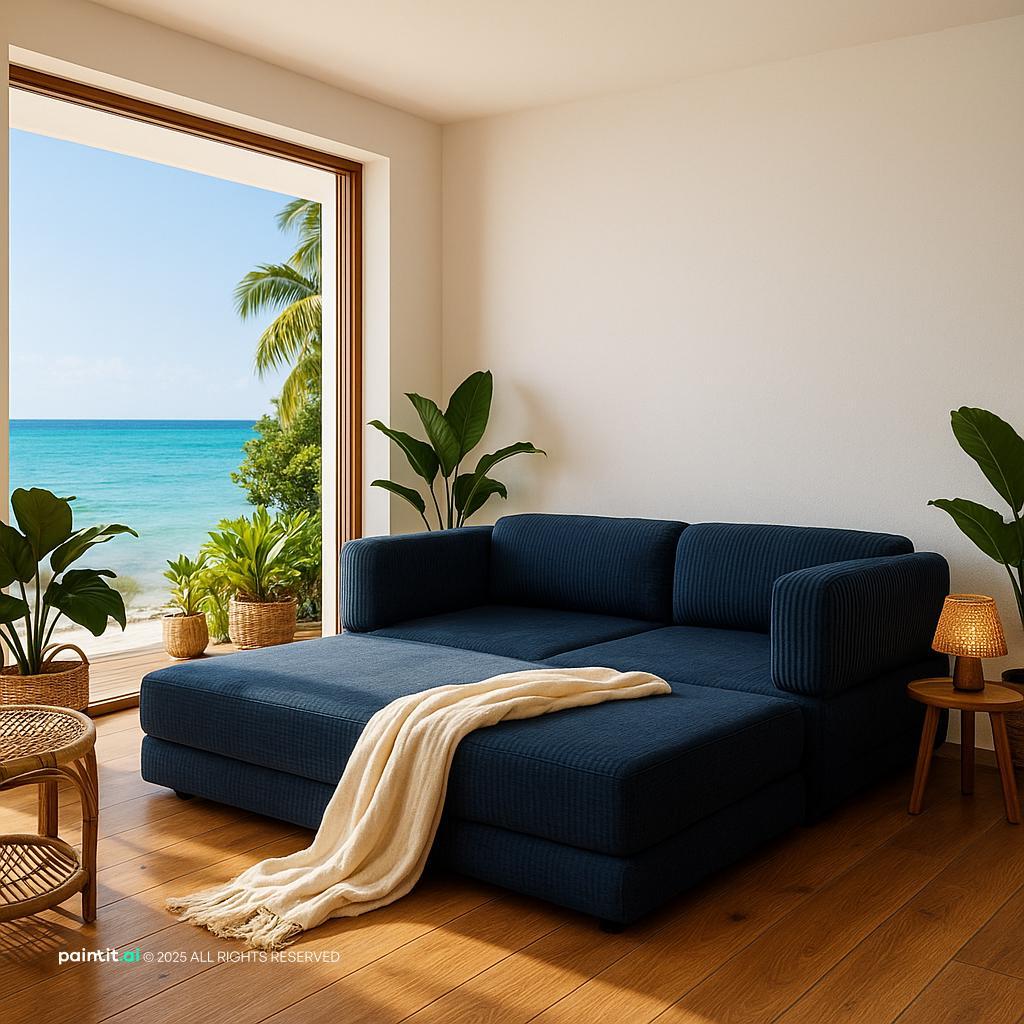 Living room with a navy sofa bed, a throw and a sea view