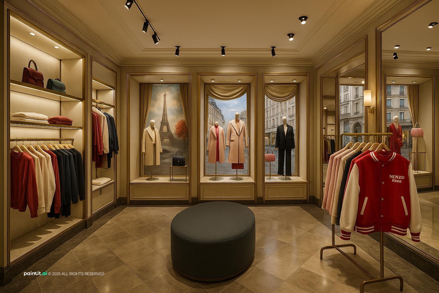 Fashion boutique with lit wall niches for garments, framed displays and a round ottoman