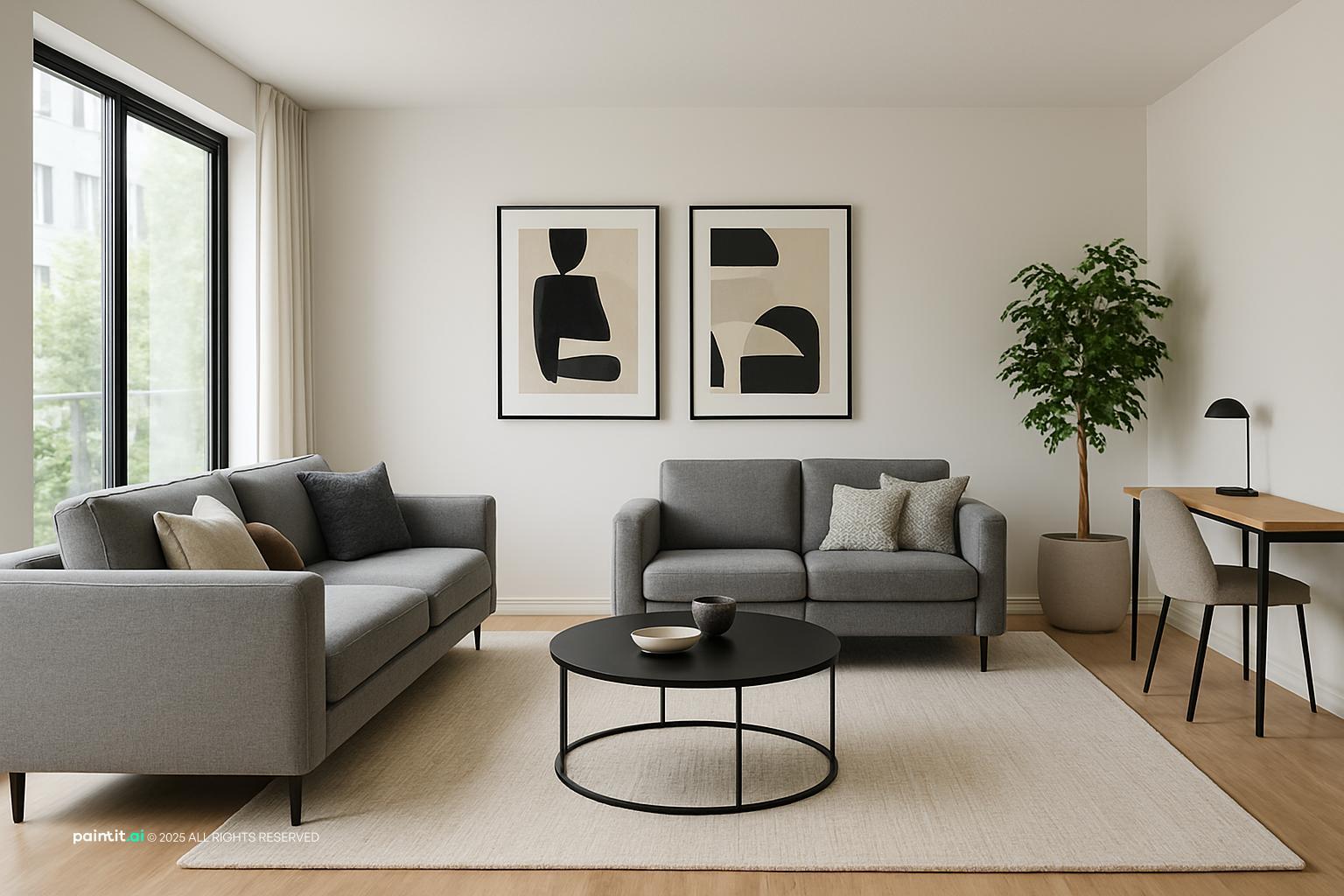 Living room with two grey sofas, a black round coffee table and black abstract prints