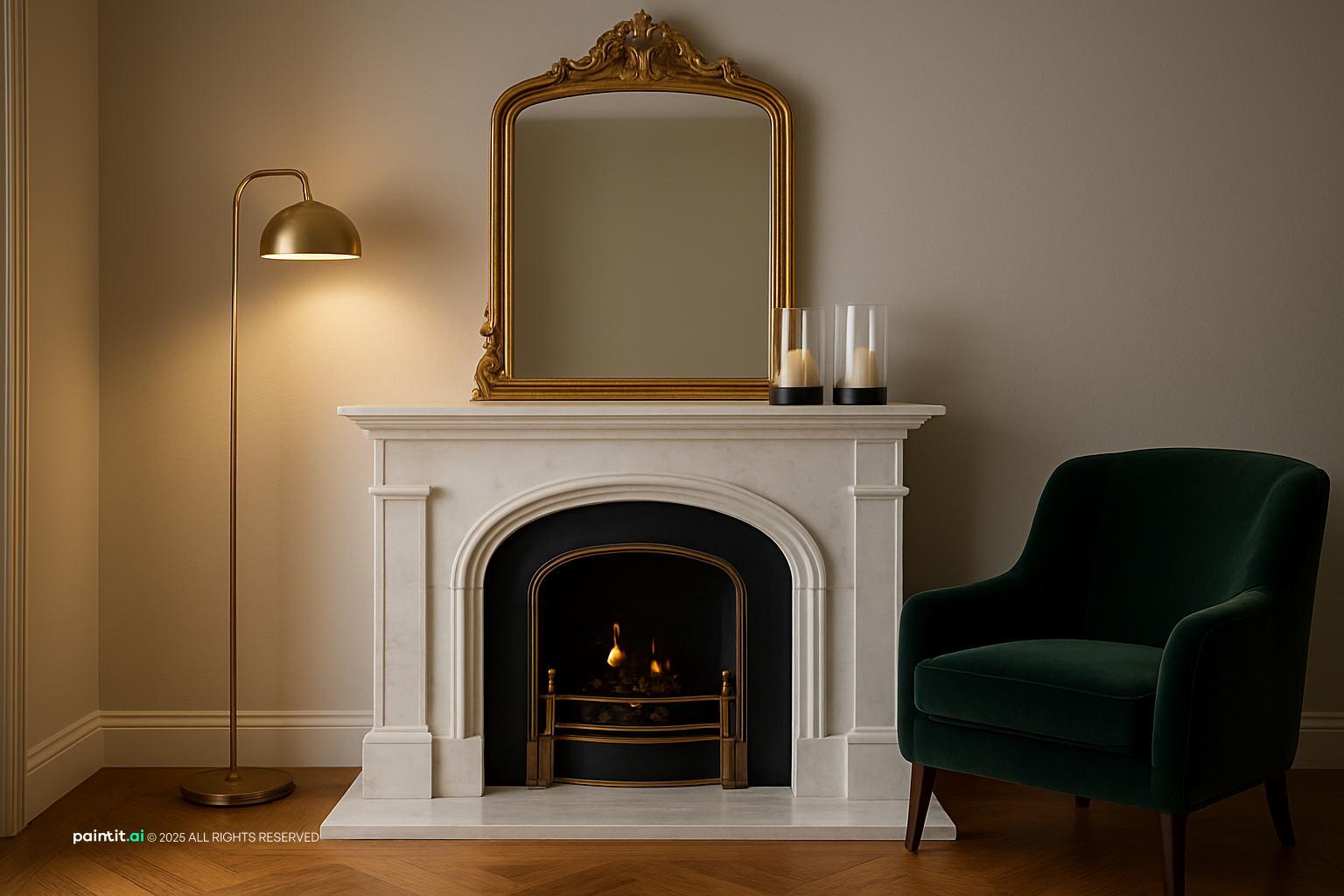 Living room corner with a white fireplace, a gilded mirror, a dark green velvet armchair and a brass floor lamp