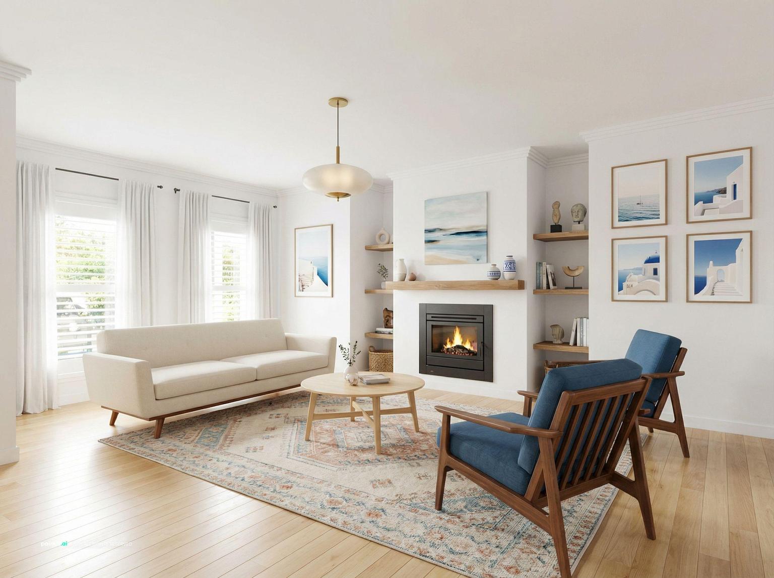 Greek-inspired living room with white walls, blue armchairs and a fireplace