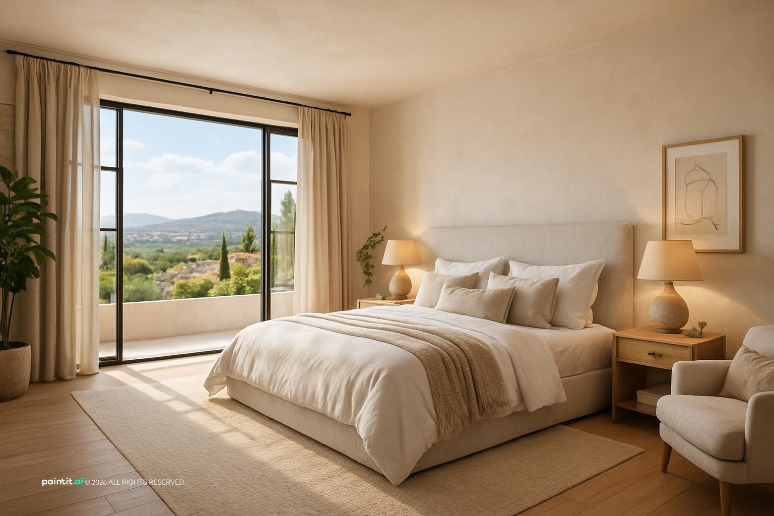 Large bedroom with cream bedding, a timber ceiling and floor-to-ceiling glass doors onto hills