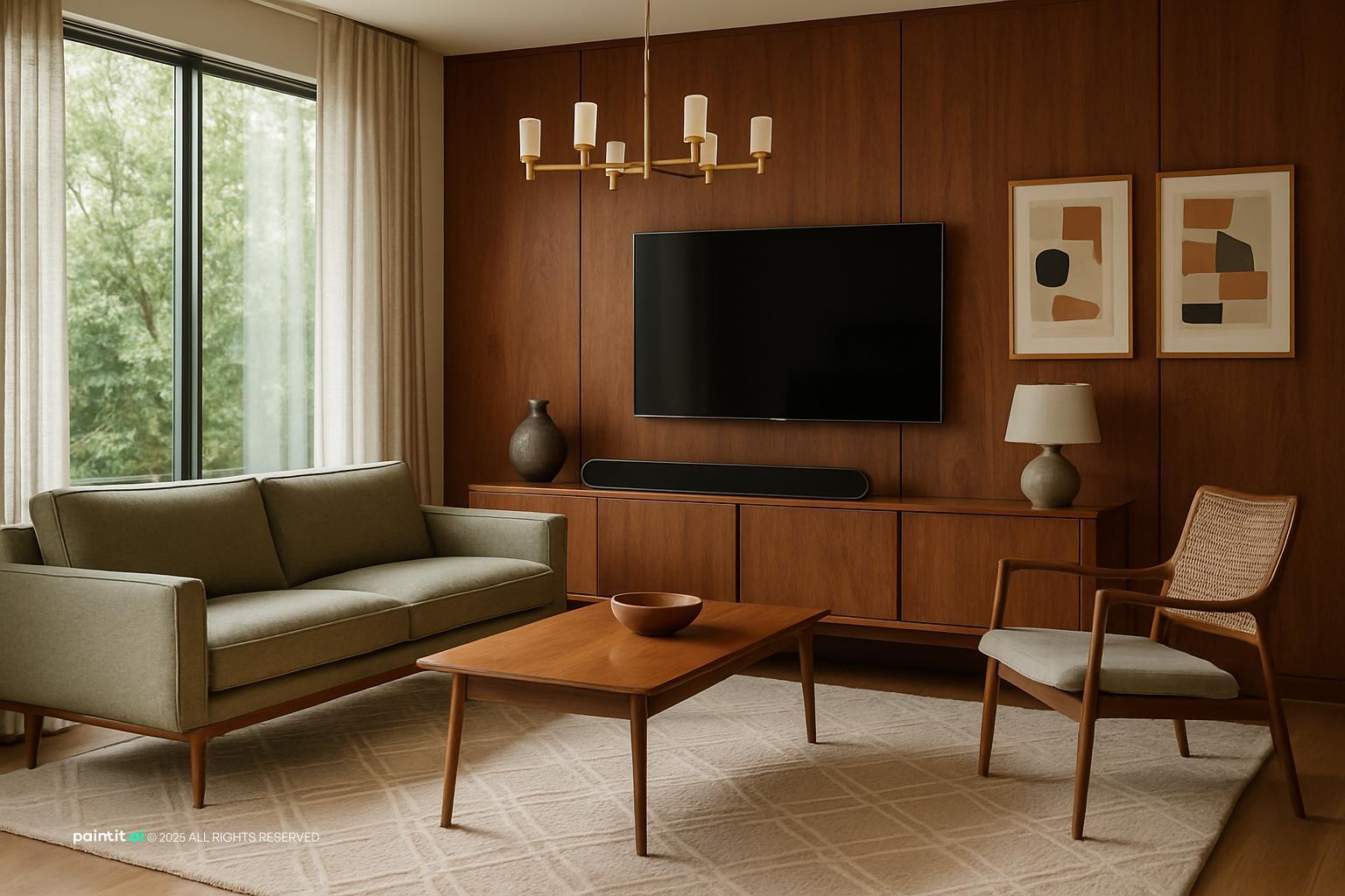 Retro Vintage Mid Living Room Design with clean lines and floor to ceiling windows and a calm living room atmosphere.