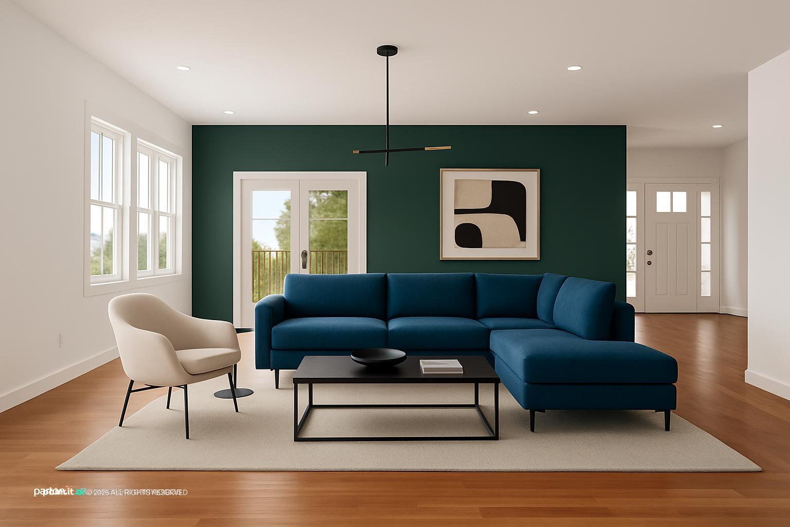 Living room with a navy L-shaped sofa and a deep green accent wall