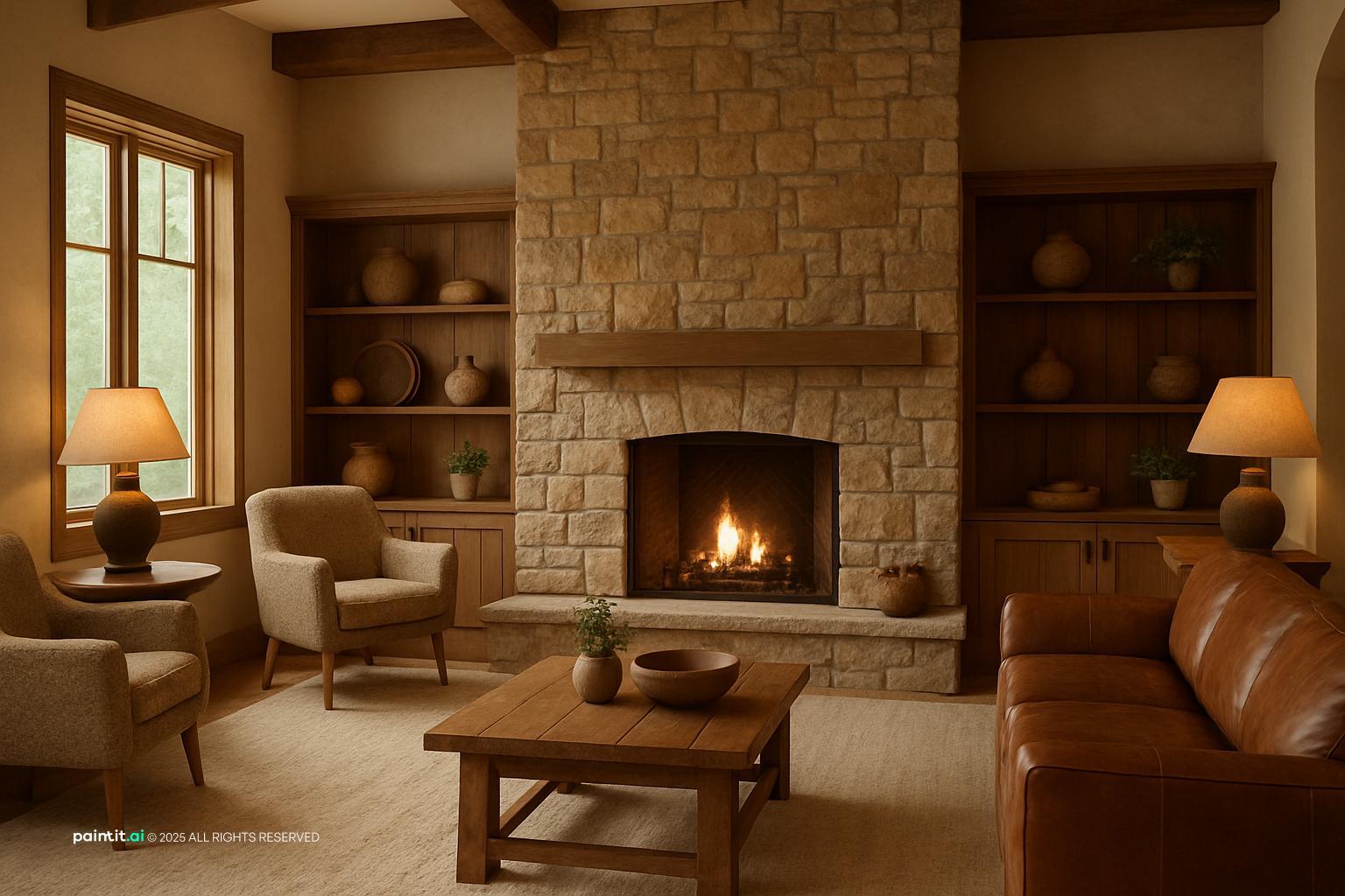 Cozy living room with a stone fireplace, wooden built-ins, leather armchairs and table lamps