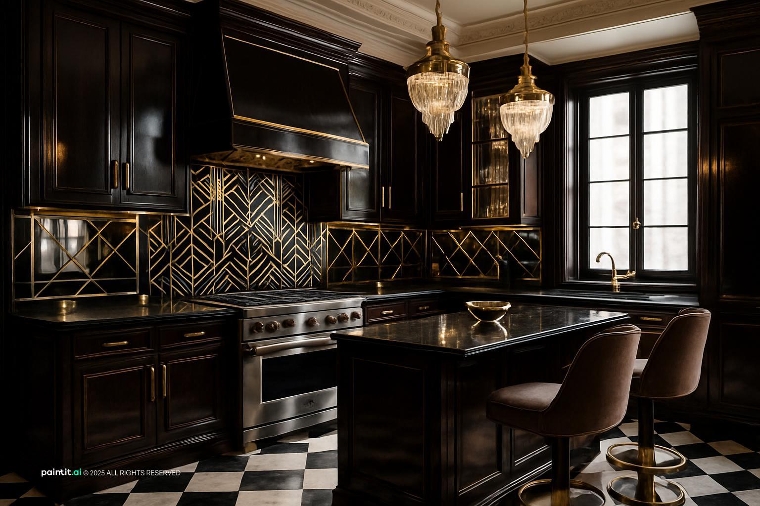 Art Deco kitchen with black cabinets, gold geometric backsplash, a checkerboard floor and crystal chandeliers