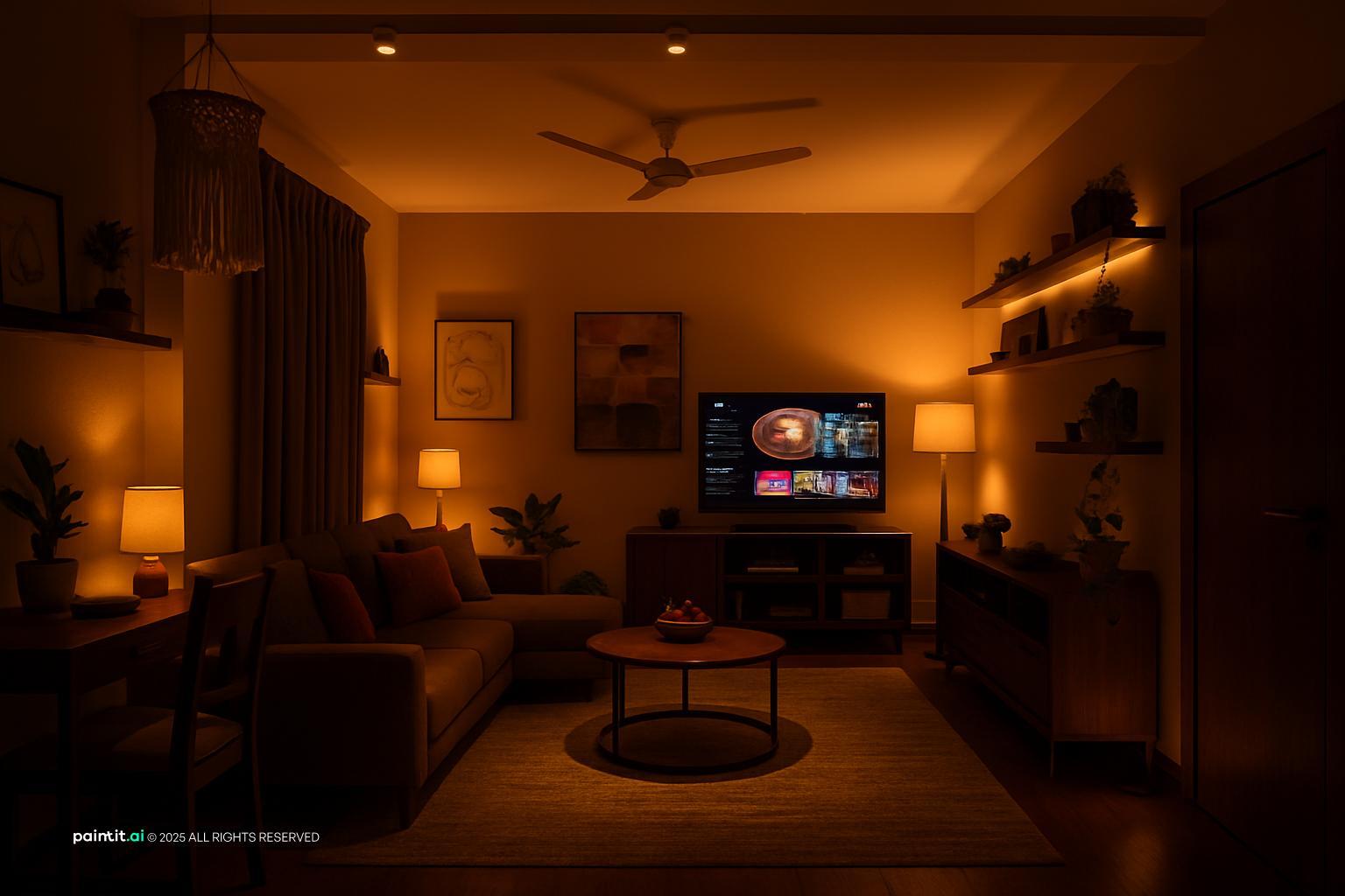 Moody earthy living room lit with amber lamps and shelf lighting