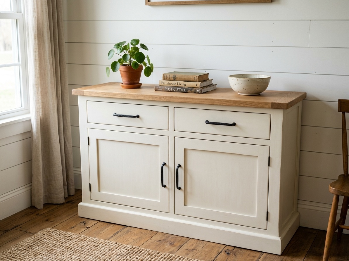 Two-tone farmhouse sideboard with creamy white painted body  and natural sanded oak wood top with black iron bar handles