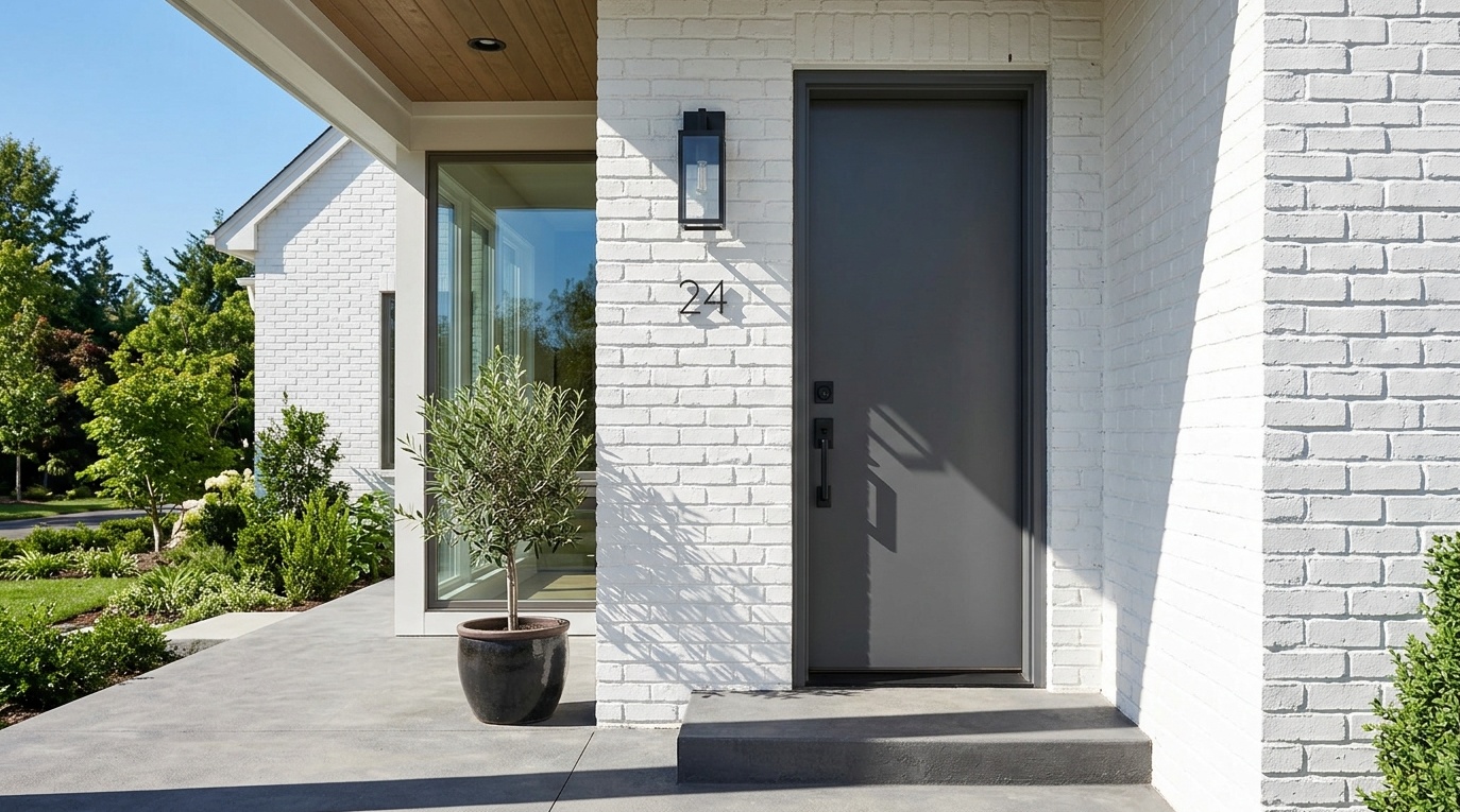 matte charcoal-gray steel front door with a crisp semi-gloss finish, black hardware, white brick facade background