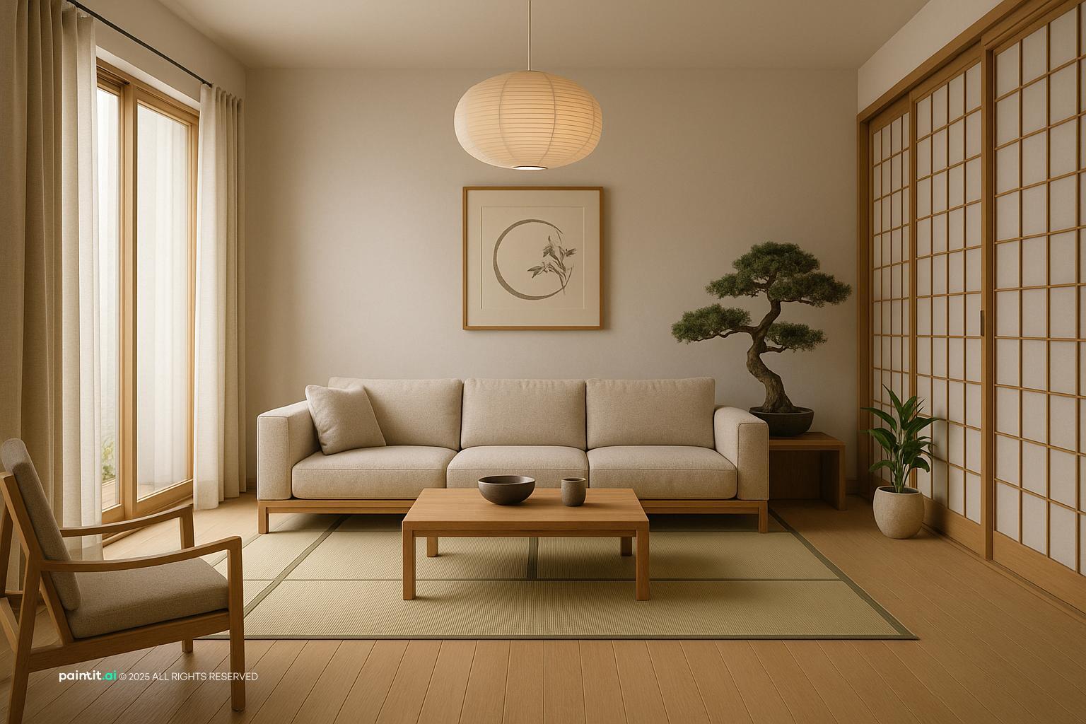 Japanese Zen Living Room Design with clean lines and a calm living room atmosphere with japanese zen restraint.