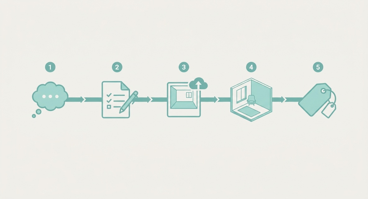 Minimal flat-design flowchart with five connected icons from left to right representing an idea, a brief, a room photo, a visualization, and a shopping tag.