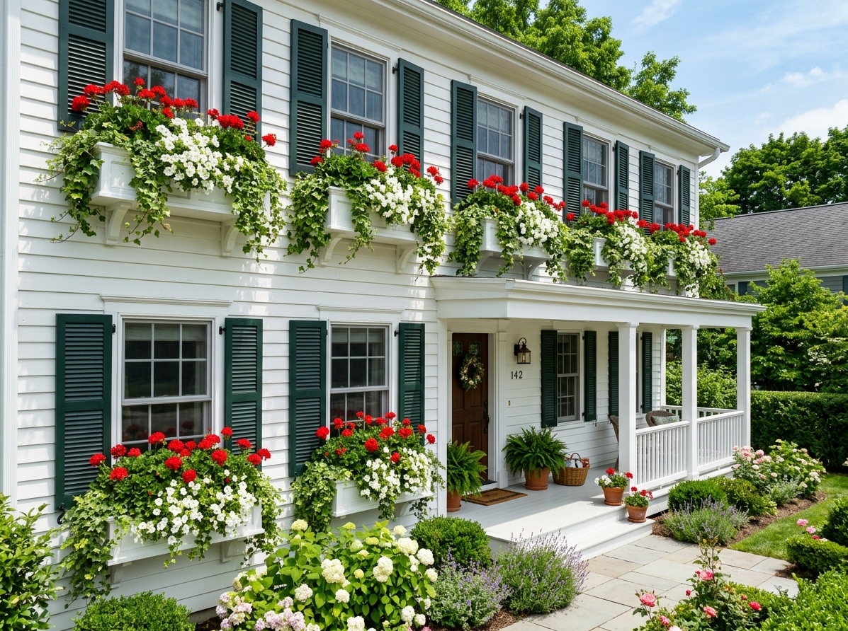 Front porch facade with white window boxes overflowing with red geraniums,  trailing petunias, and ivy under each window
