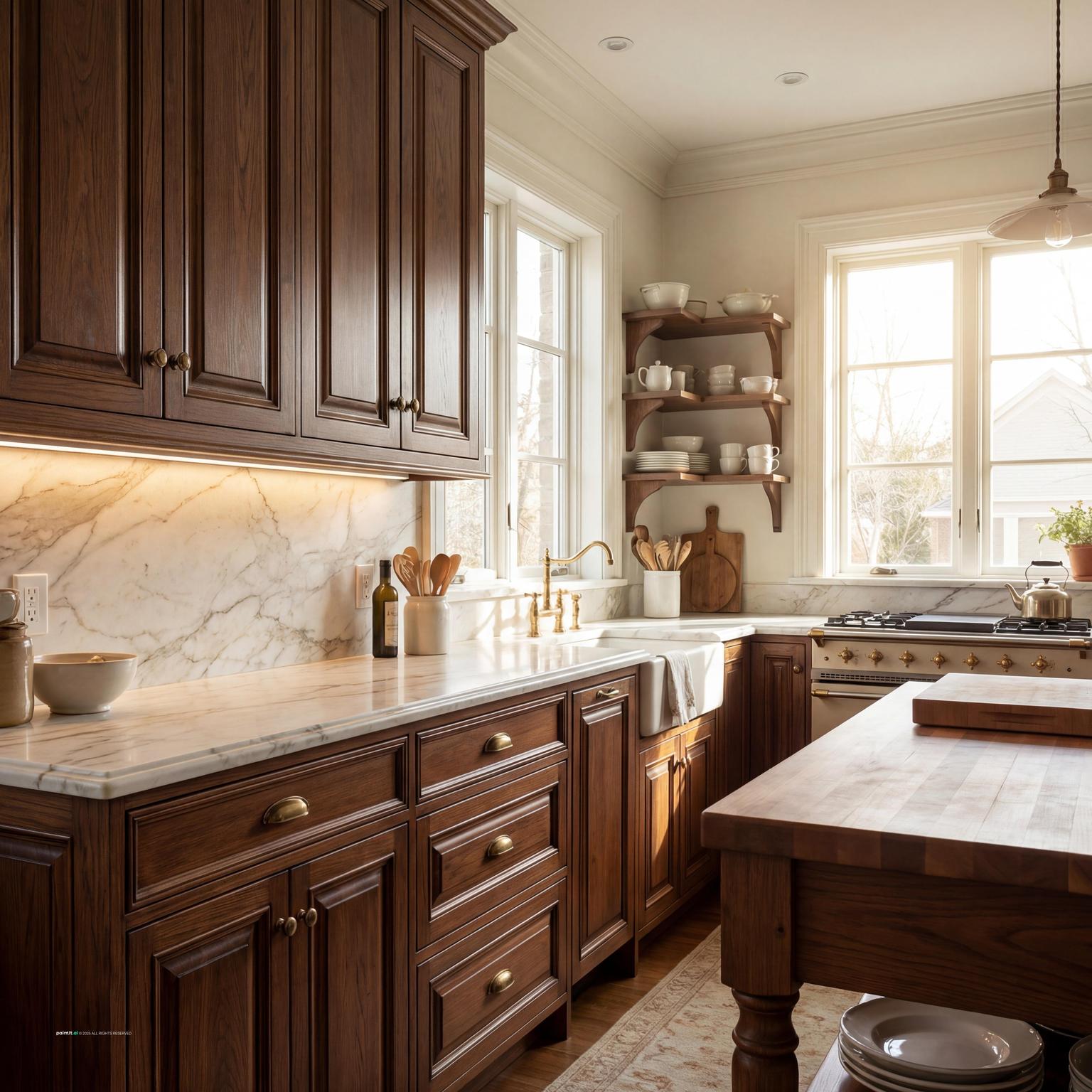 Craftsman kitchen with dark wood cabinetry and open shelving