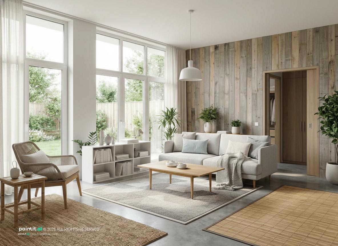 Open living room with a light sofa, two rugs, a wood-clad wall and garden windows
