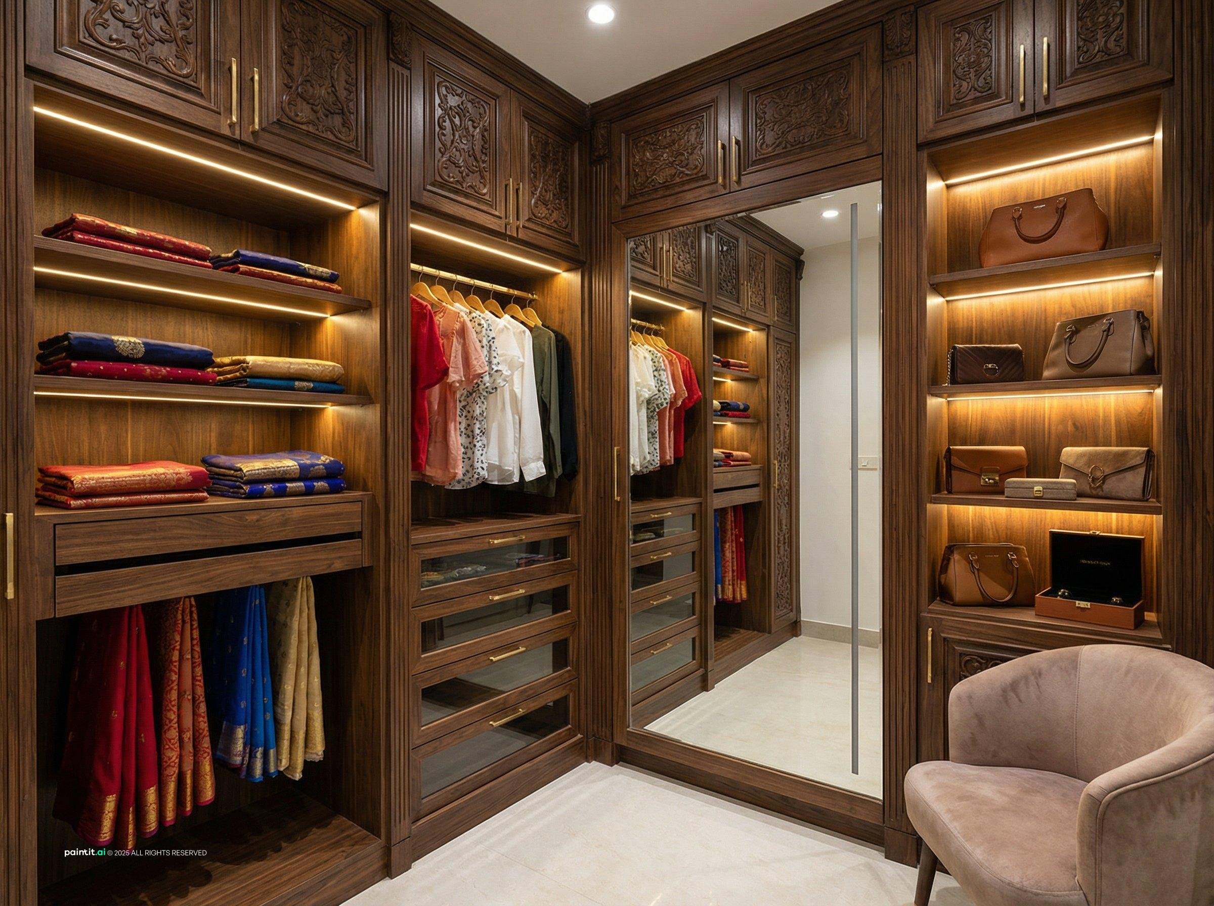 Tall wooden display unit with lit shelves of folded sarees and a hanging rail