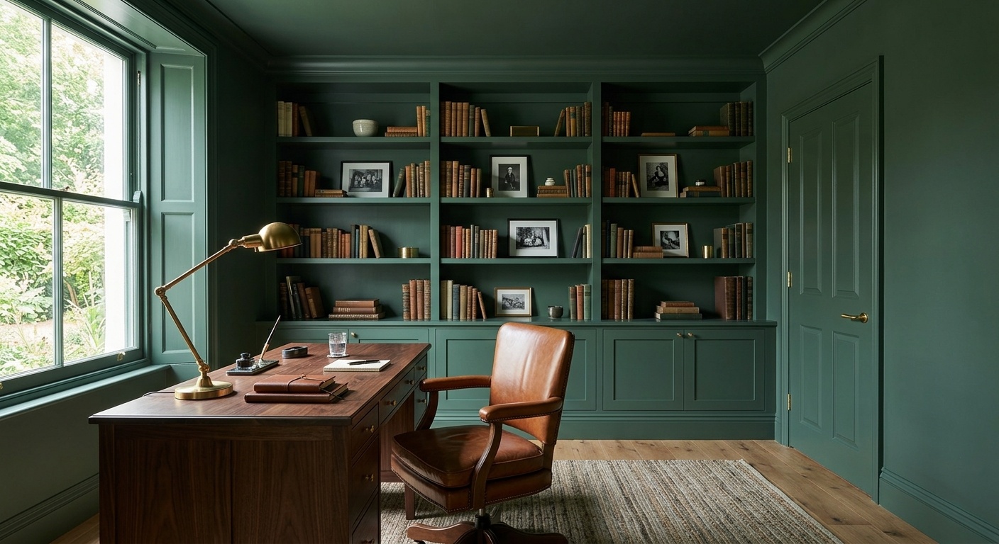Home office with deep green color-drenched walls, trim, door, and ceiling
